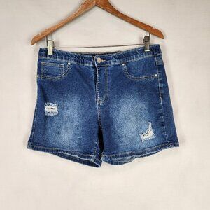 Just Be Denim Shorts Elastic Waist Distressed Rips Women's Mid Rise Blue Mom